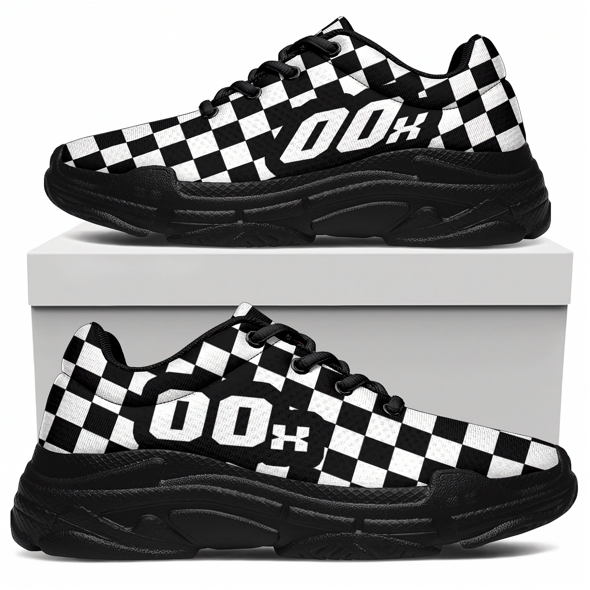 Black and white checkered sneakers with '00x' branding on a white box background