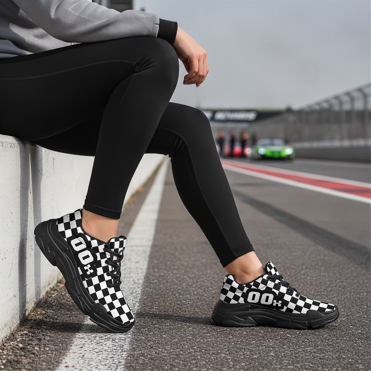 Woman wearing black and white checkered shoes on a race track