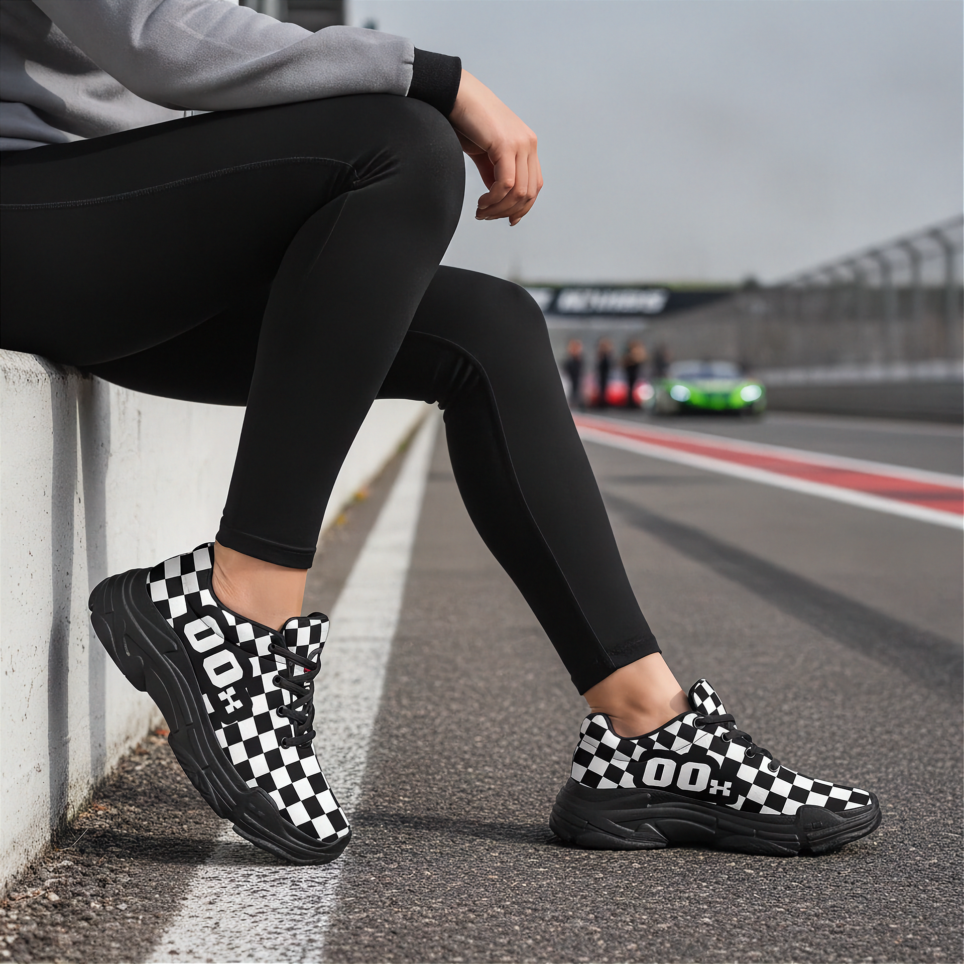 Woman wearing black and white checkered shoes on a race track