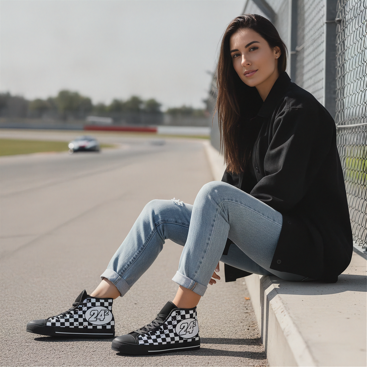 Woman sitting on a race track wearing checkered shoes