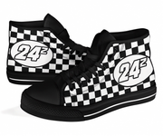 Black and white checkered high-top sneakers with number 24 on a white background