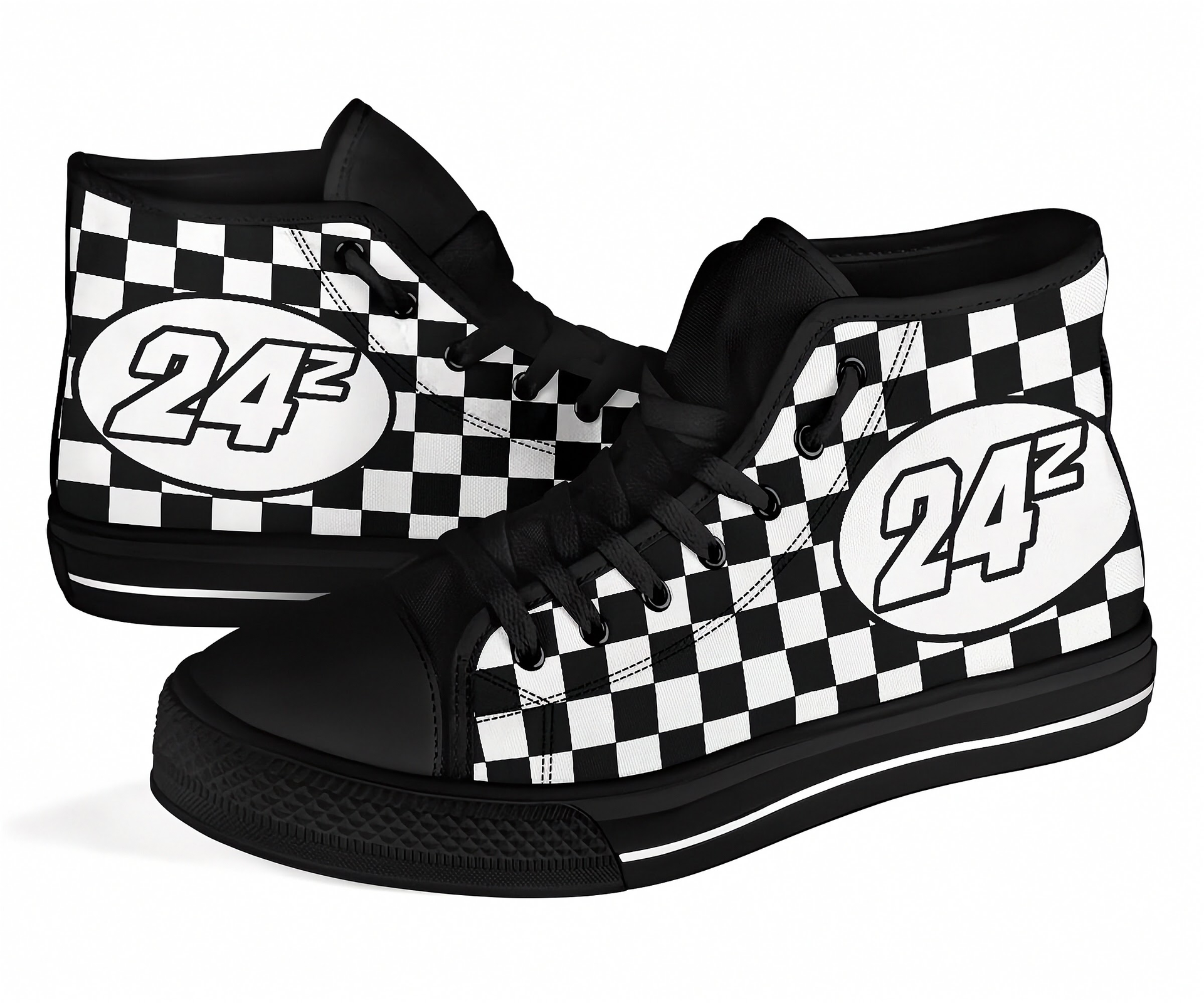 Black and white checkered high-top sneakers with number 24 on a white background