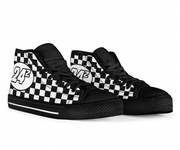 Black high-top sneakers with checkered pattern and number 24 on a white background
