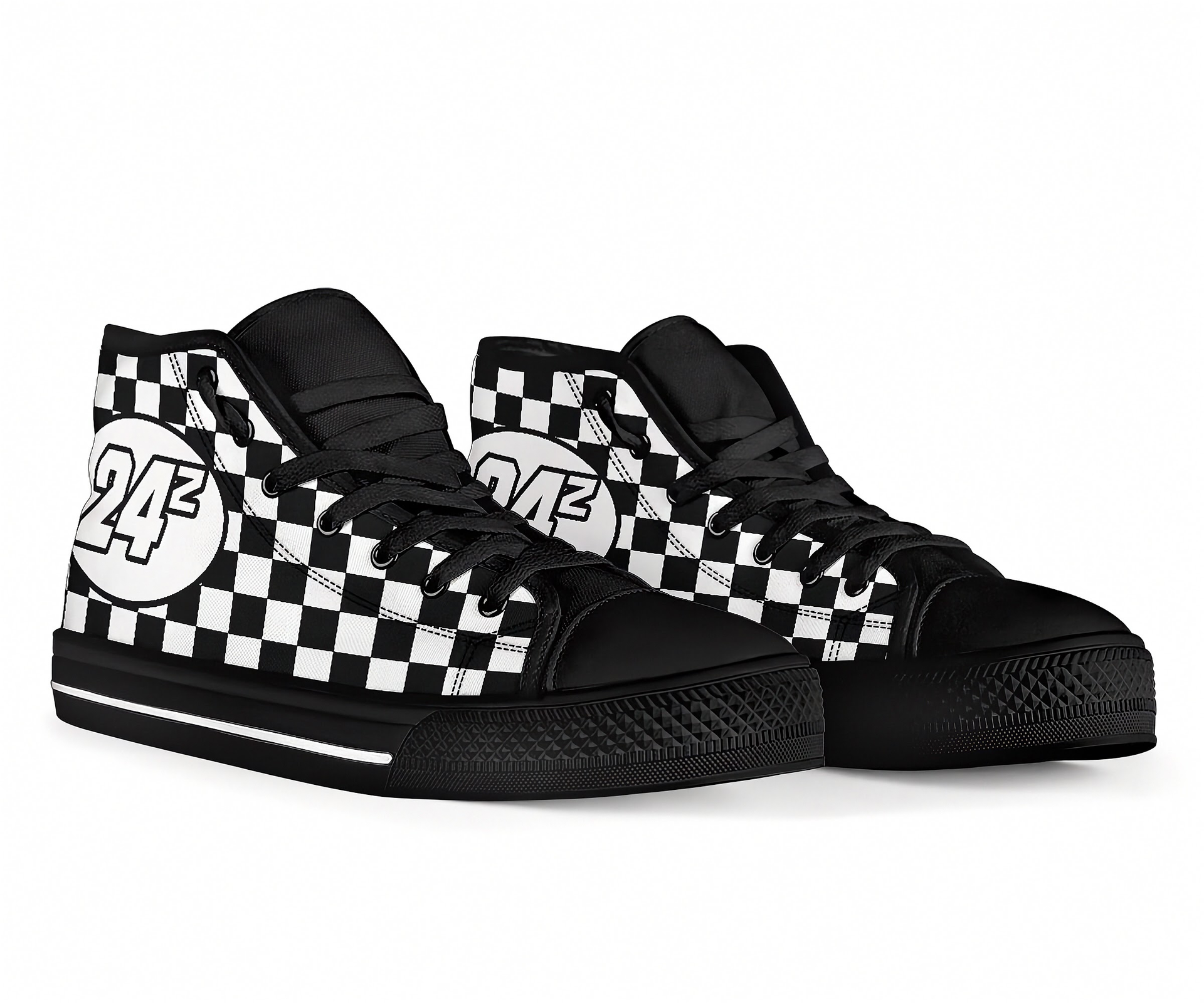 Black high-top sneakers with checkered pattern and number 24 on a white background