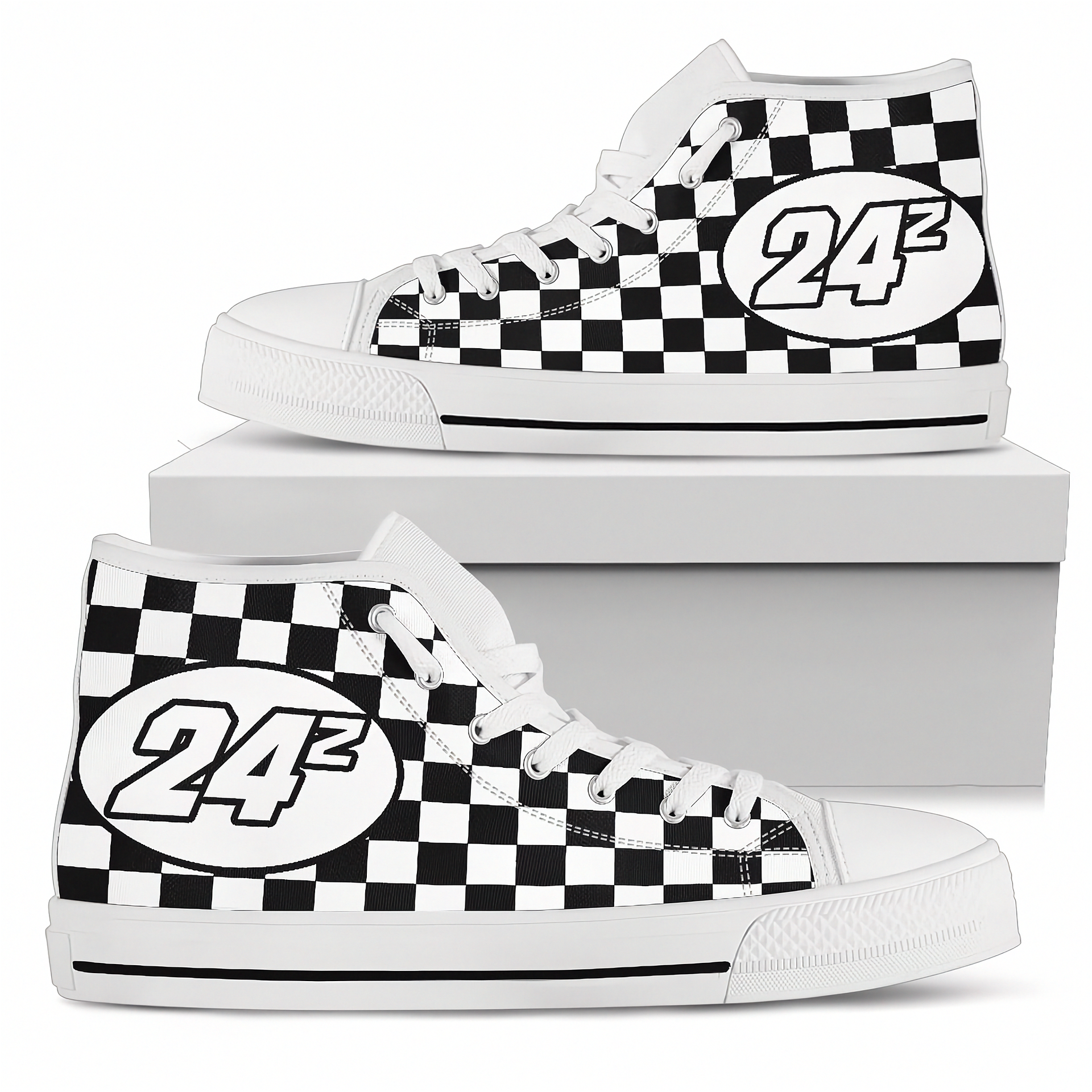 Black and white checkered high-top sneakers with number 24 on a white background