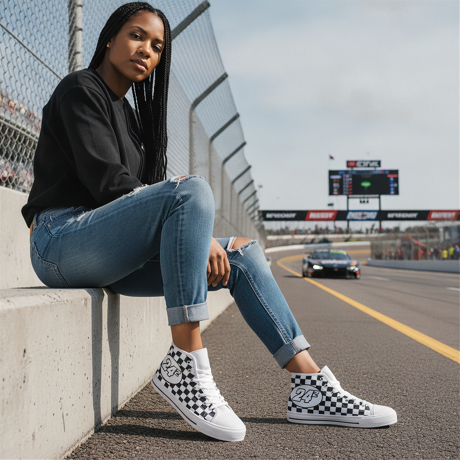 Woman sitting on a race track wearing checkered sneakers with a car in the background