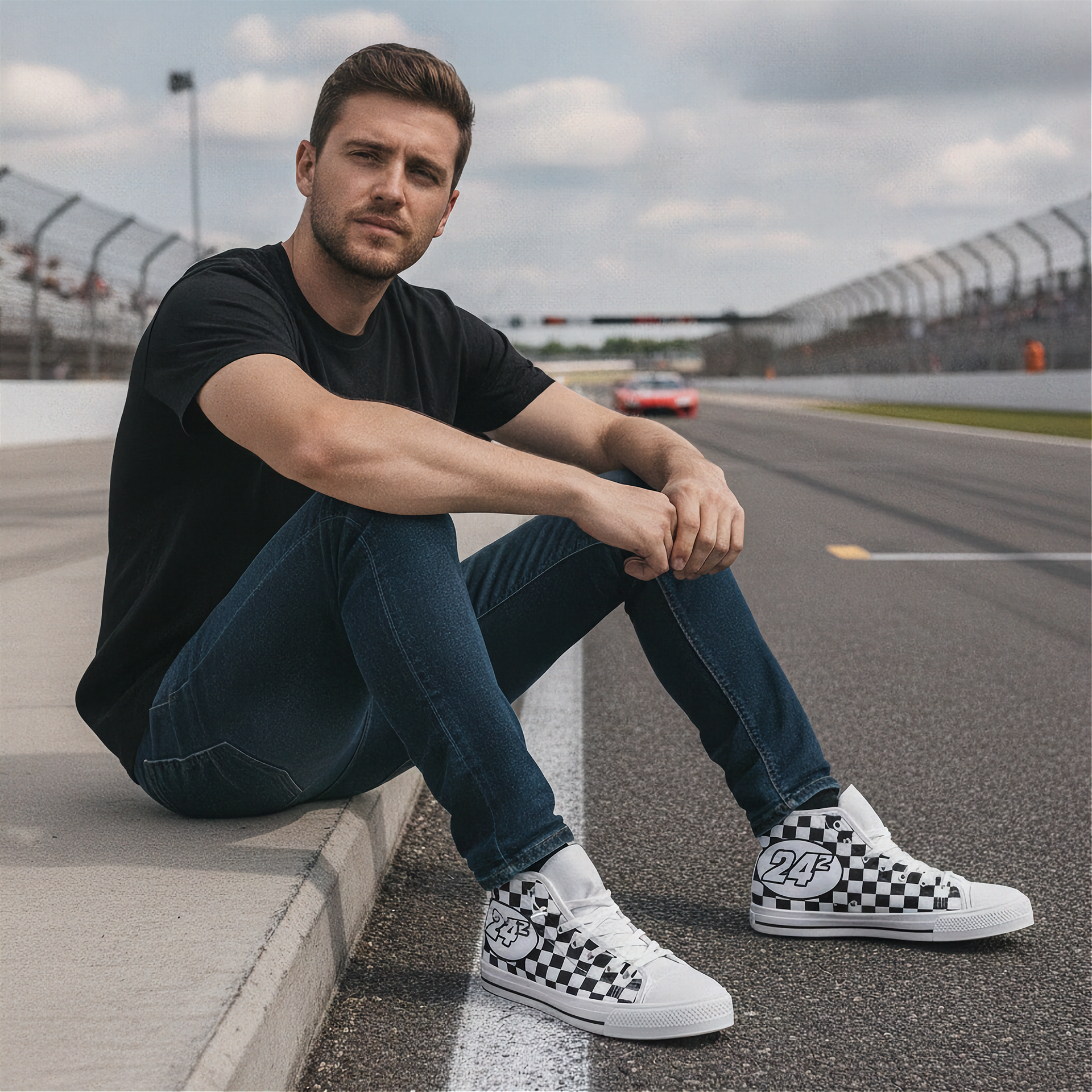 Man sitting on a race track wearing checkered sneakers