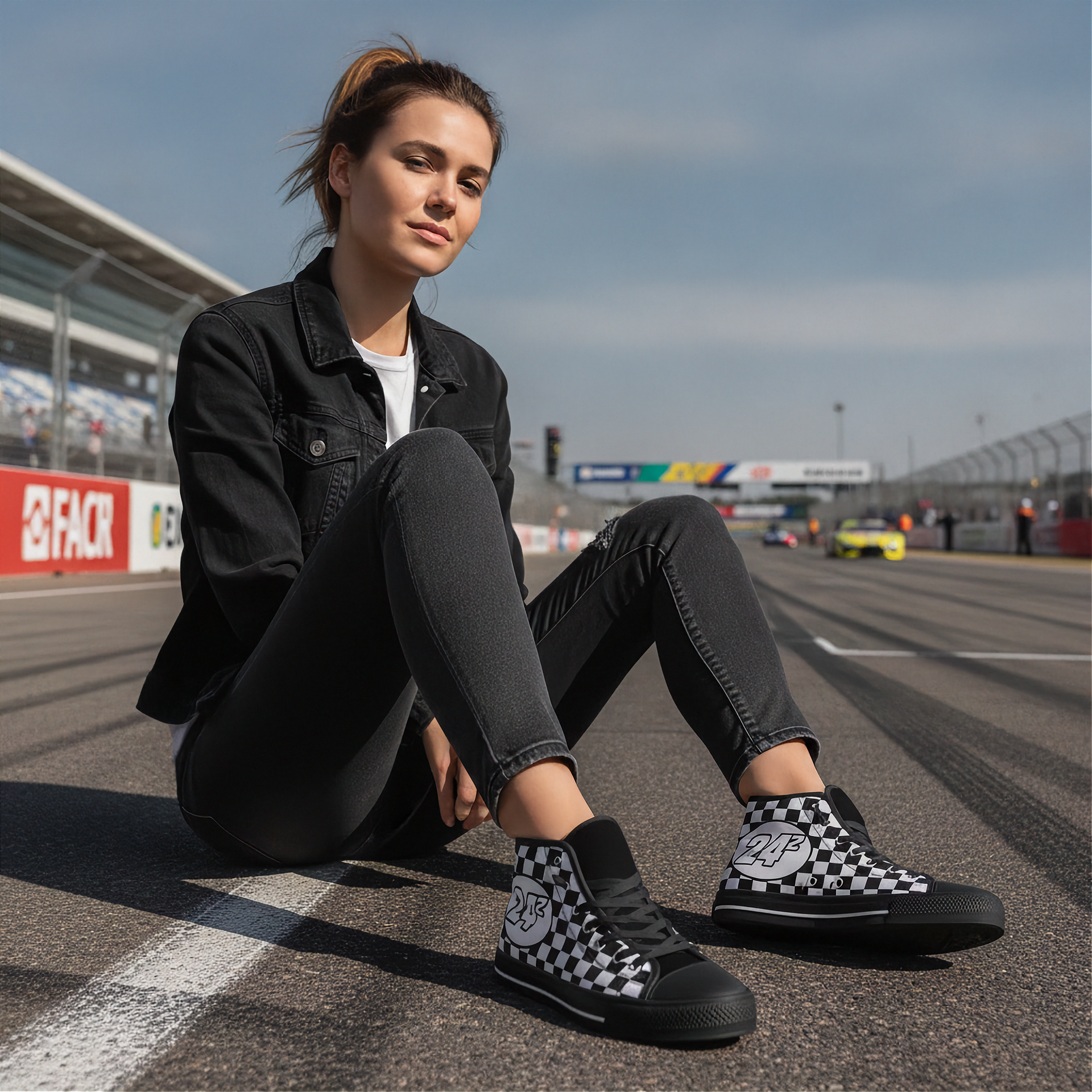 Woman sitting on a race track wearing checkered shoes