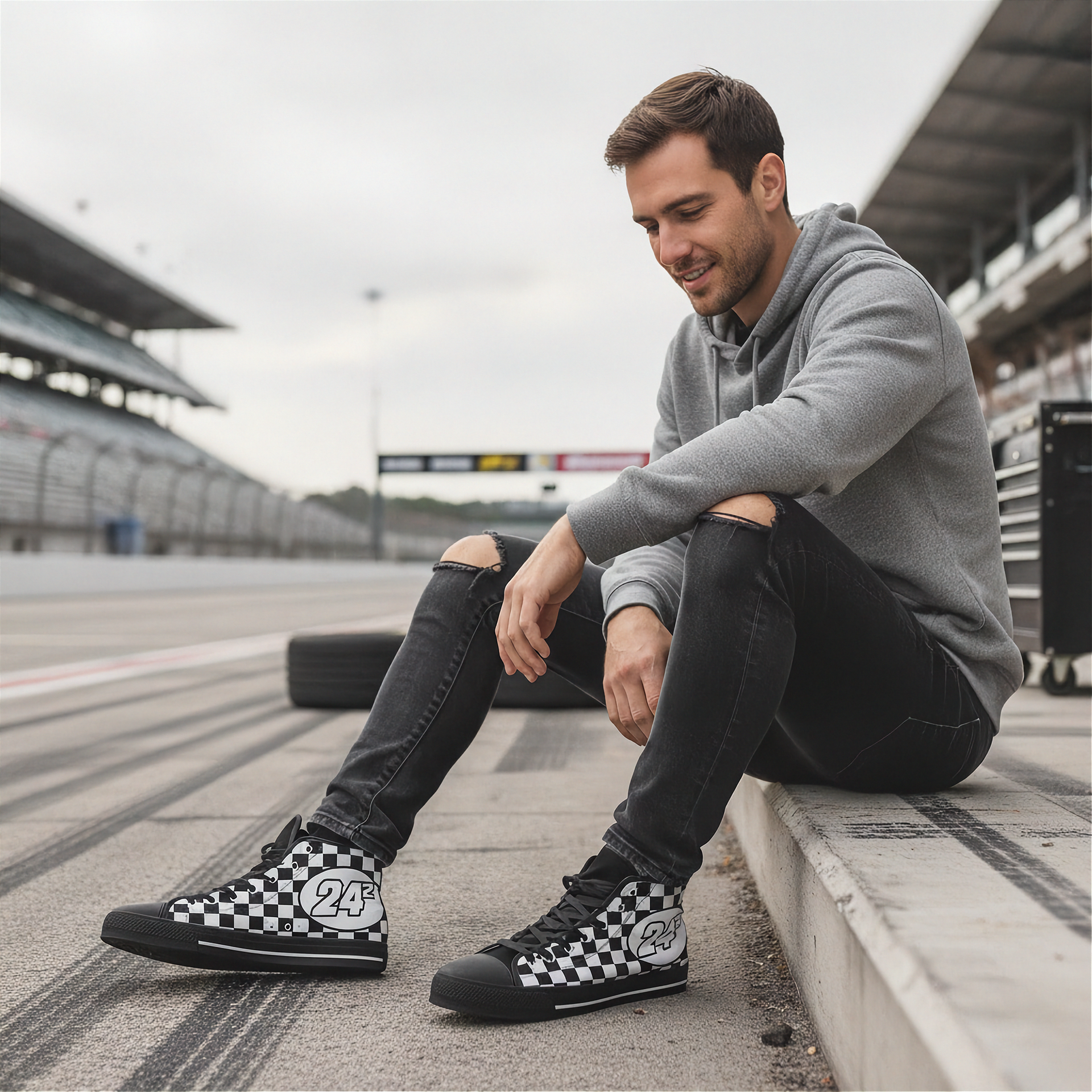Man sitting on a race track wearing checkered shoes