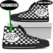 Black and white checkered high-top sneakers with number 24 design on a white background