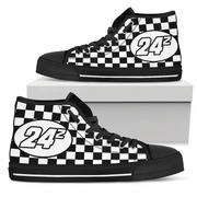 Black and white checkered high-top sneakers with number 24 design on a white background