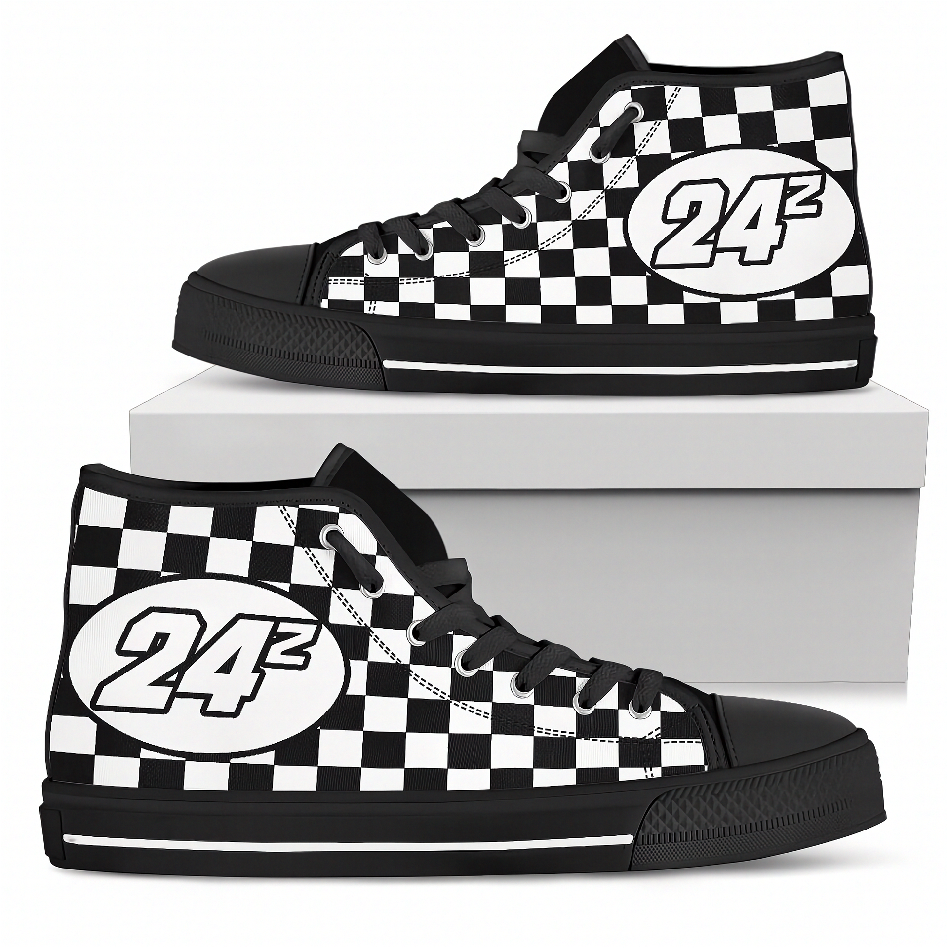 Black and white checkered high-top sneakers with number 24 design on a white background