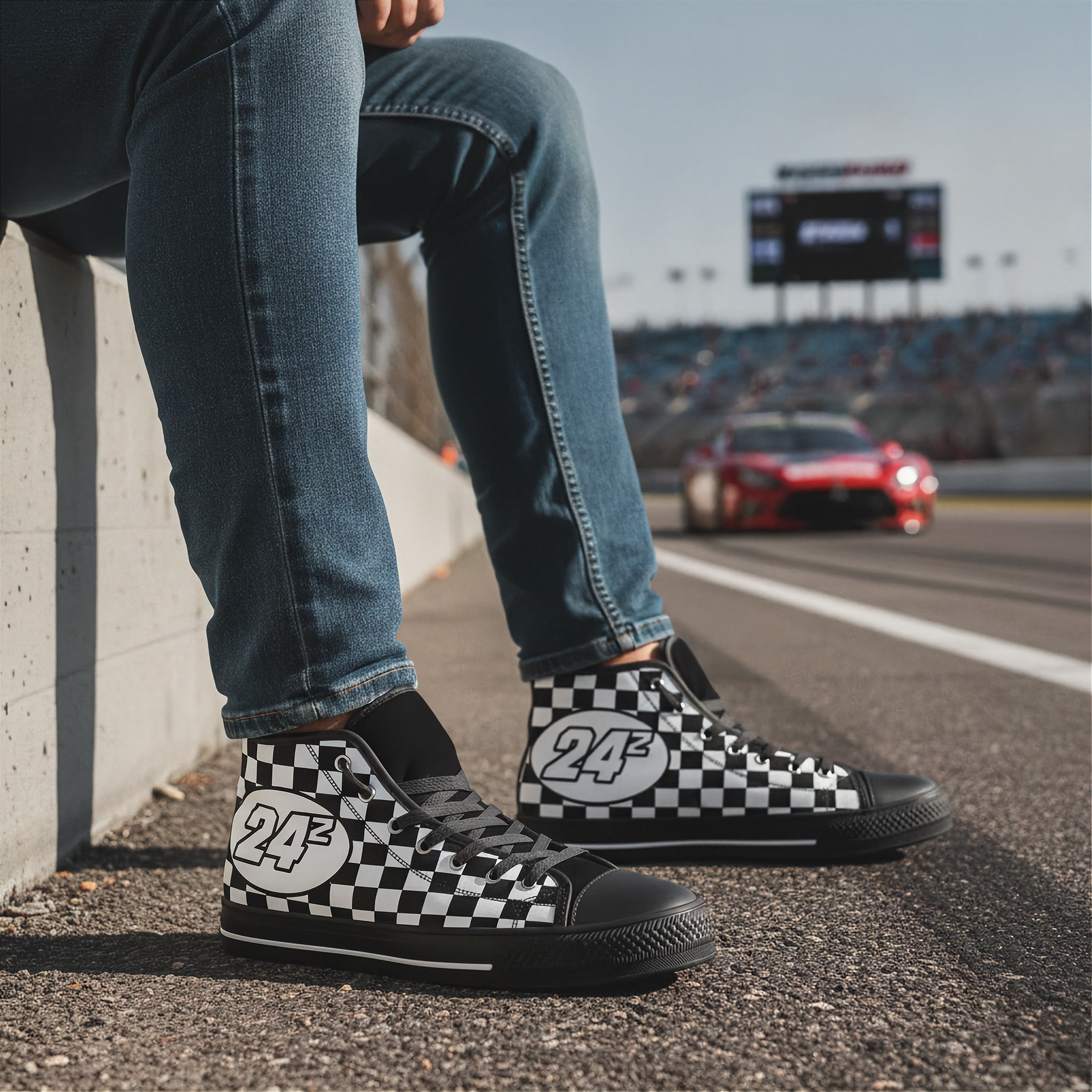 Person wearing checkered shoes with number 24 on a race track.
