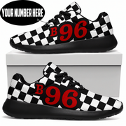 Black and white checkered sneakers with red text 'B 96' on a white background