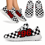 Checkered sneakers with red 'B96' text on a white background