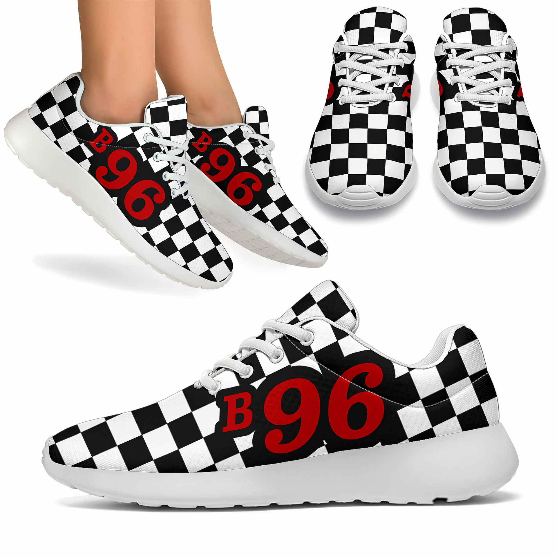 Checkered sneakers with red 'B96' text on a white background