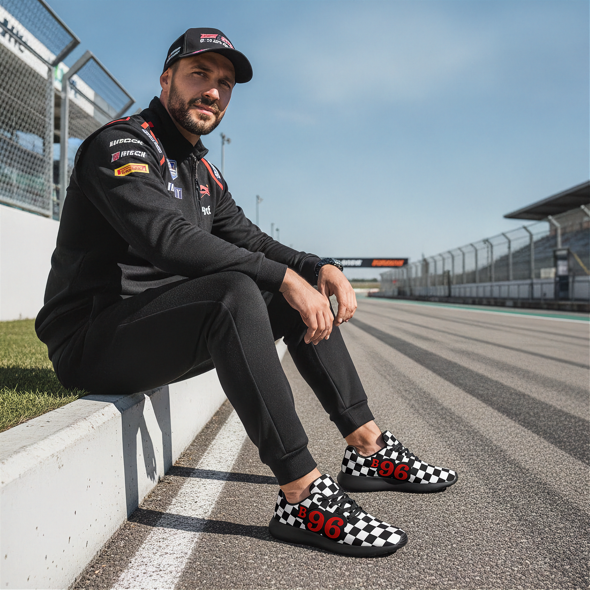 Man sitting on a race track wearing checkered shoes with numbers, black outfit, and cap.