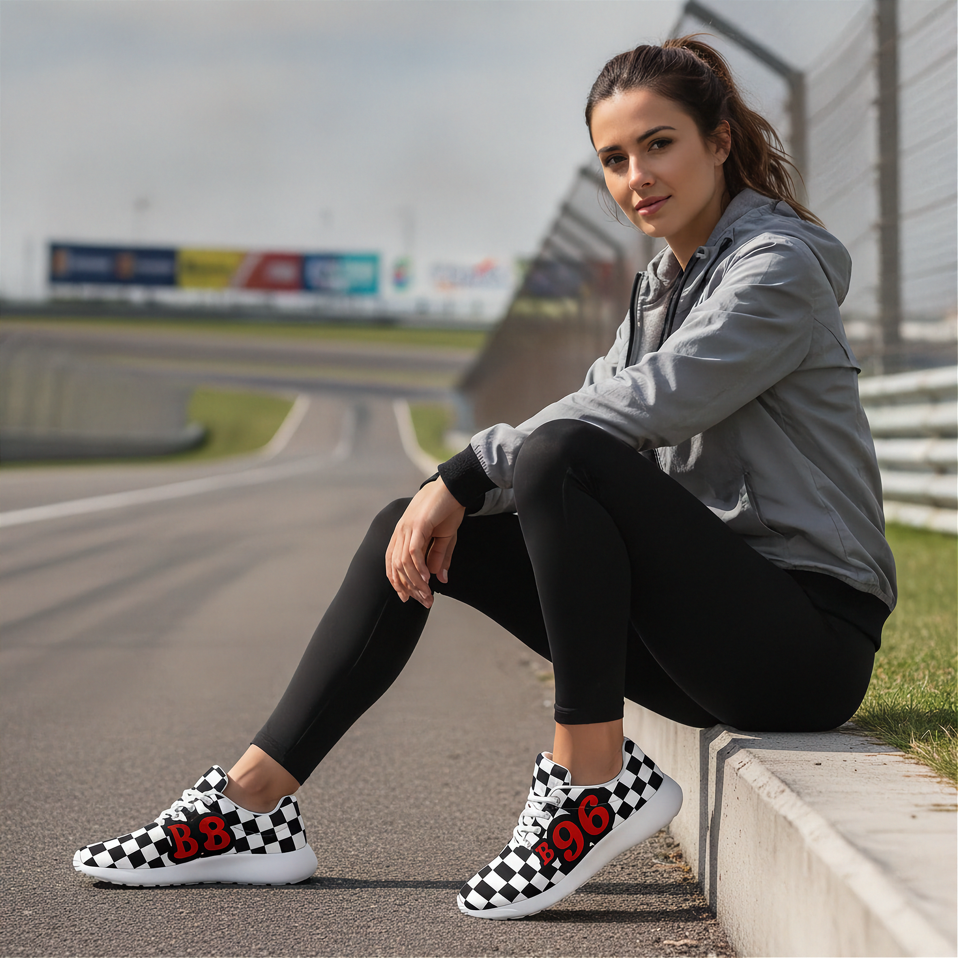 Woman sitting on a race track wearing checkered shoes with numbers