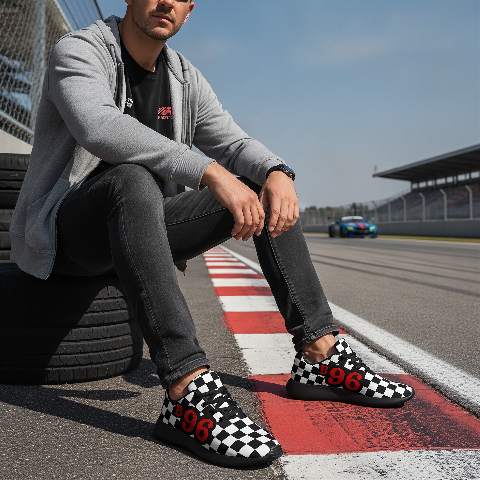 Person sitting on a tire on a race track wearing checkered shoes with numbers.