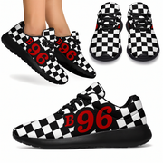 Black and white checkered sneakers with red 'B96' text on a white background