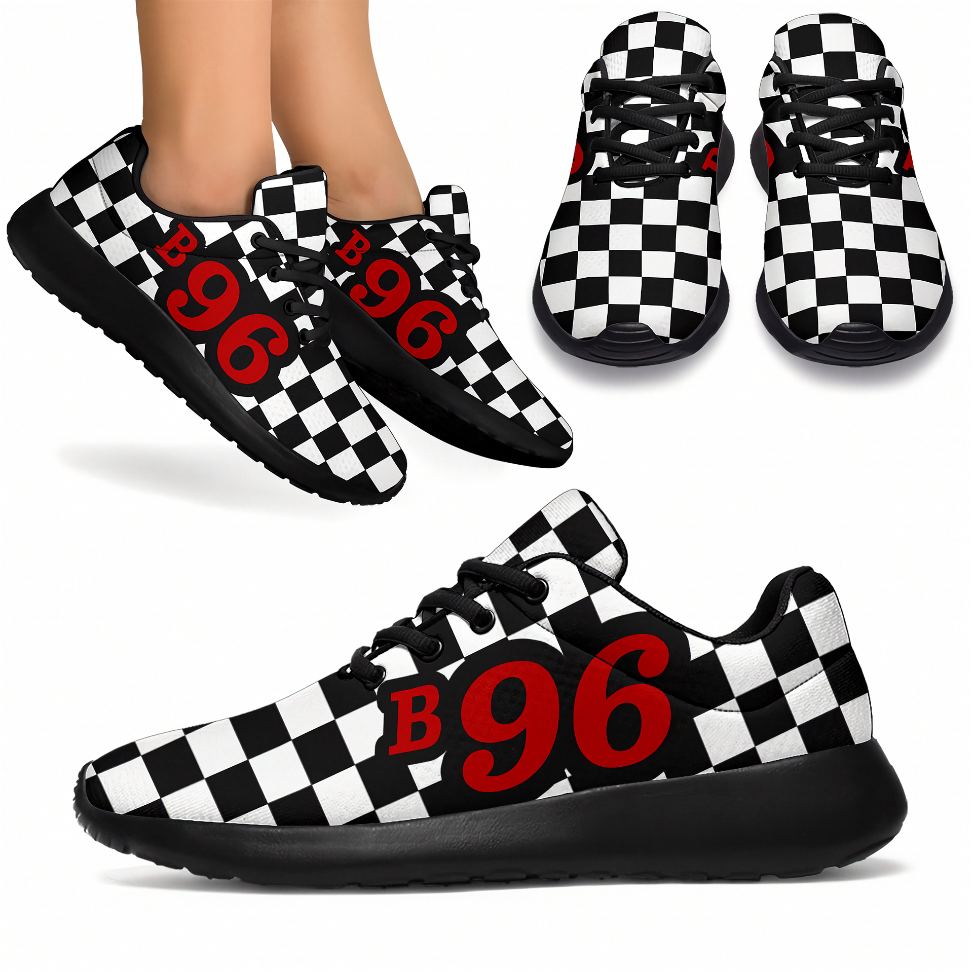 Black and white checkered sneakers with red 'B96' text on a white background