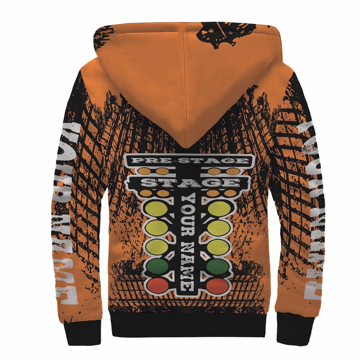 Custom Orange and black hoodie with a stage lighting graphic on the back, featuring a light bar design with red, yellow, green, and white lights and placeholder text.