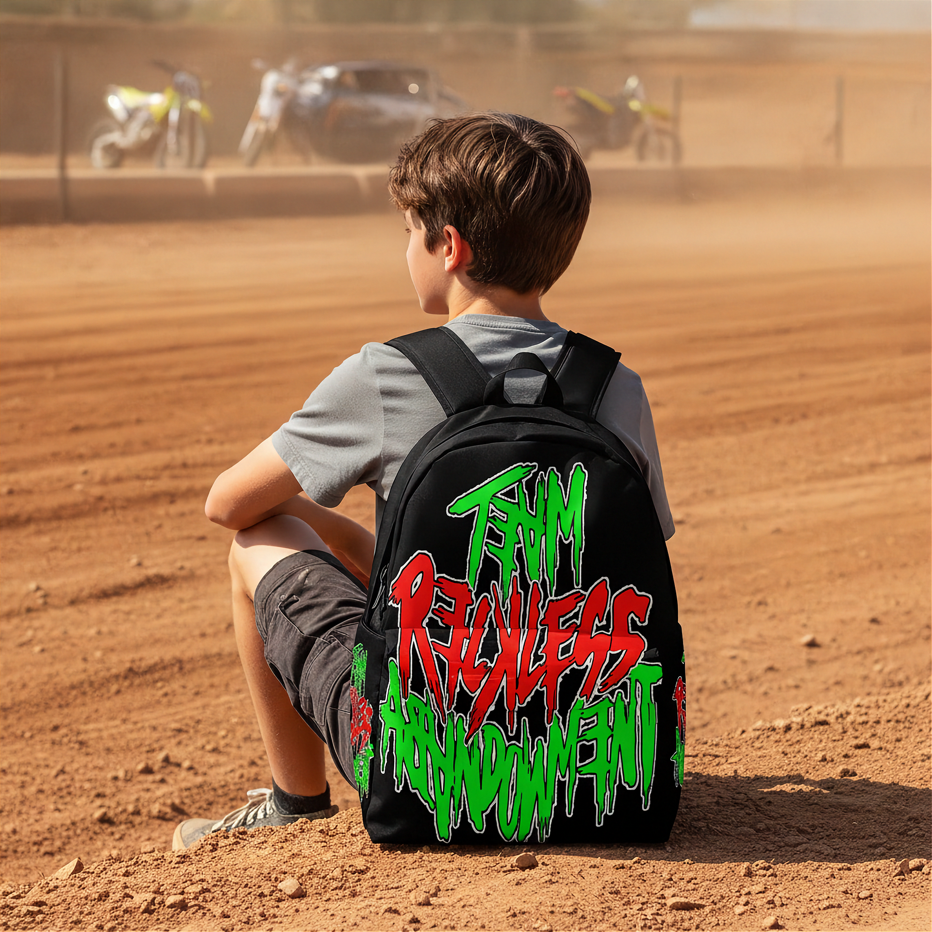 A boy sitting on a dirt track wearing a black backpack with a large red and green graffiti-style graphic that reads 'THAT RELEASING TRAUMA' in stylized text.