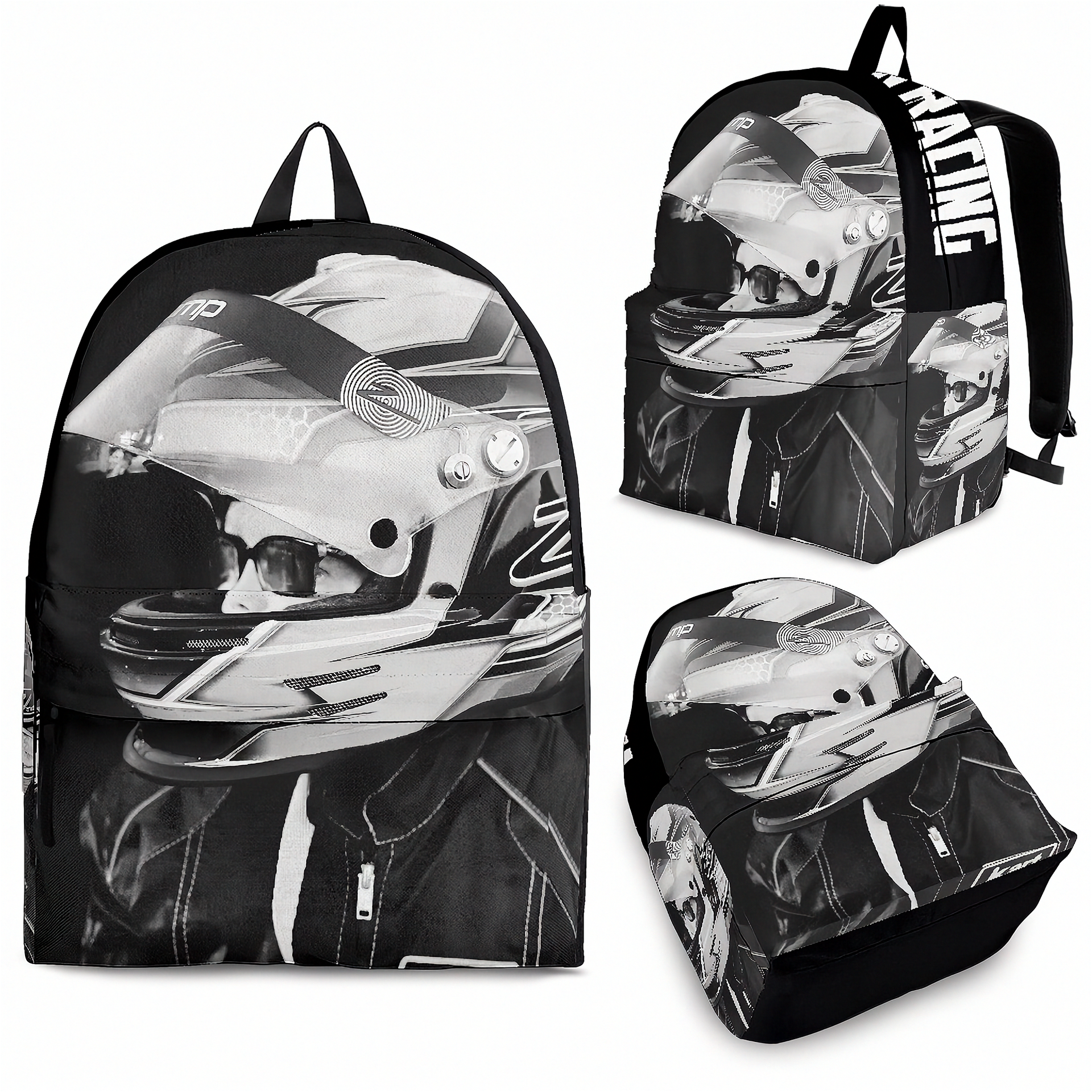 A black backpack shown from multiple angles on a white background, featuring a grayscale racing helmet and rider print. The backpack has black straps, a top handle, a front zip pocket, and a side pocket with a white vertical text accent.
