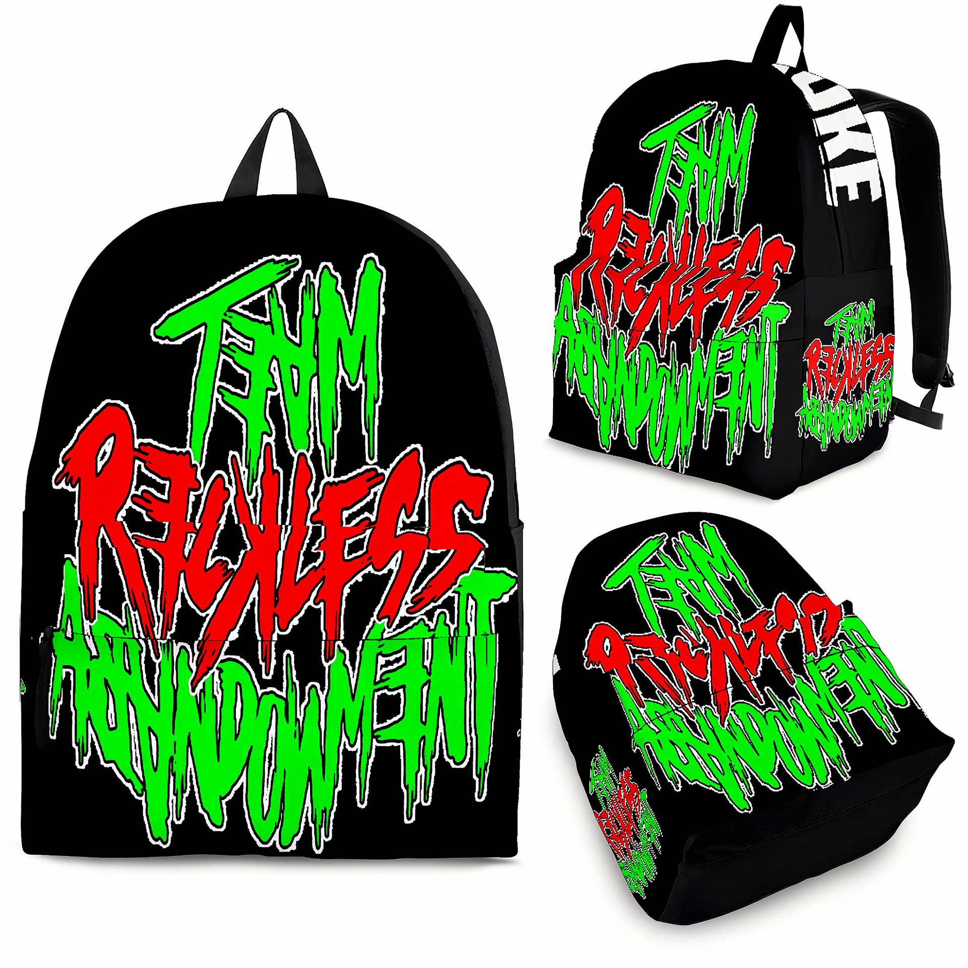A black backpack shown from multiple angles on a white background, featuring large graffiti-style text in bright green and red that reads 'TEAM RELEAFLESS ABANDONMENT.'.