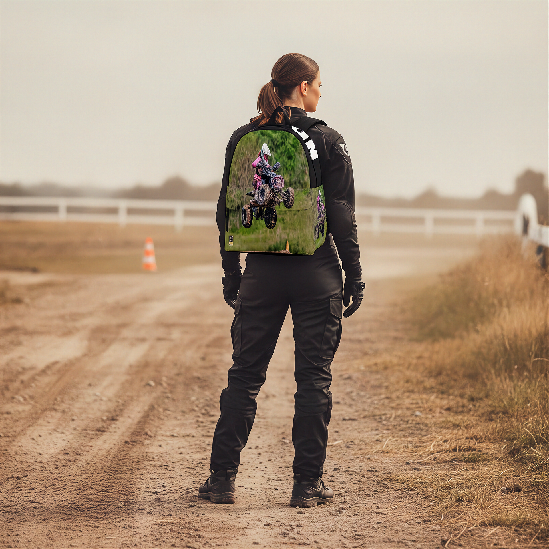 A woman stands on a dirt path outdoors, viewed from behind, wearing a black riding jacket and pants with a colorful graphic print on the back showing a dirt bike rider in a grassy field.