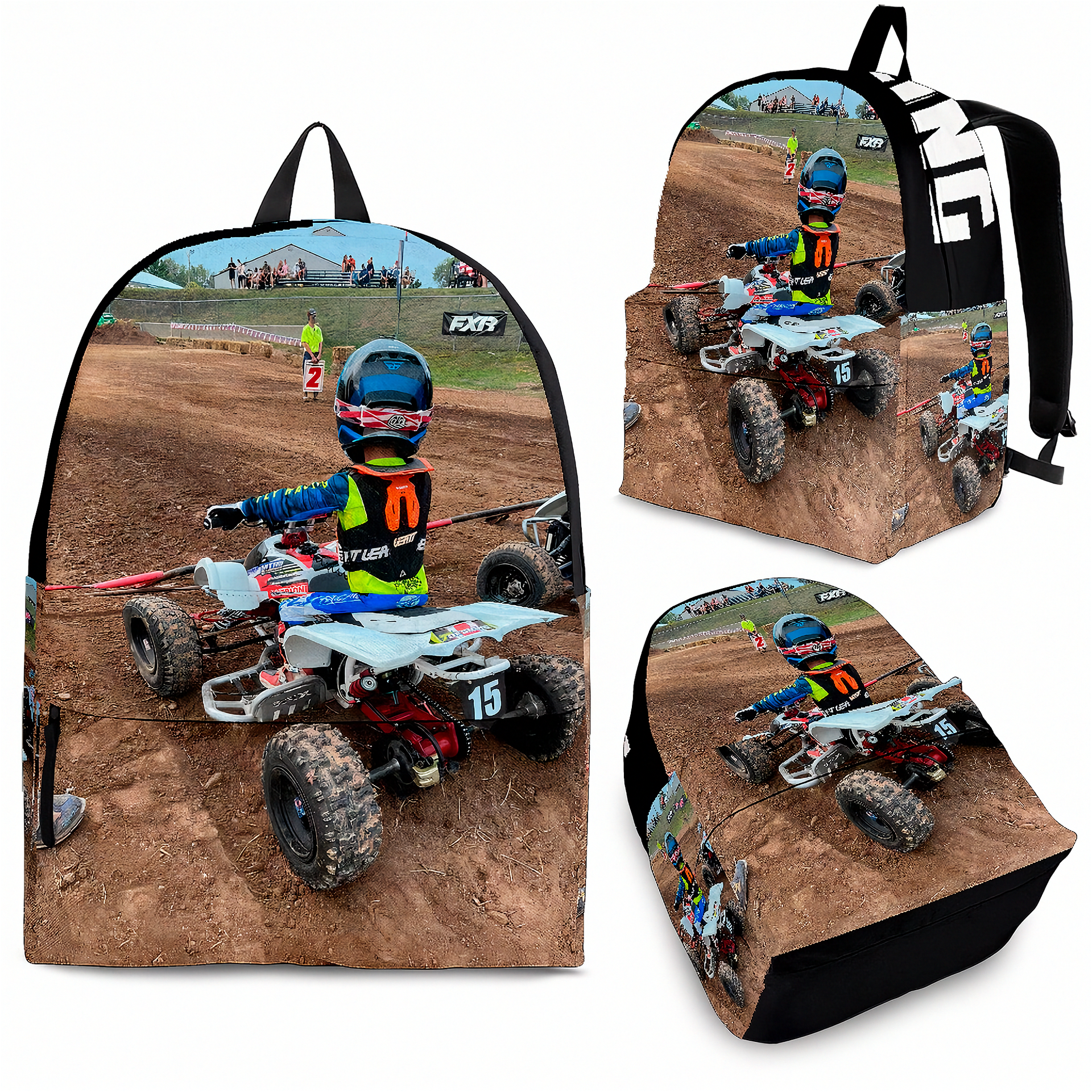 A backpack-style bag shown from multiple angles on a white background, printed with a motocross scene featuring a rider on a quad bike over a dirt track. The bag has black side panels and black straps, with a large white 'FXR' logo visible on one view.