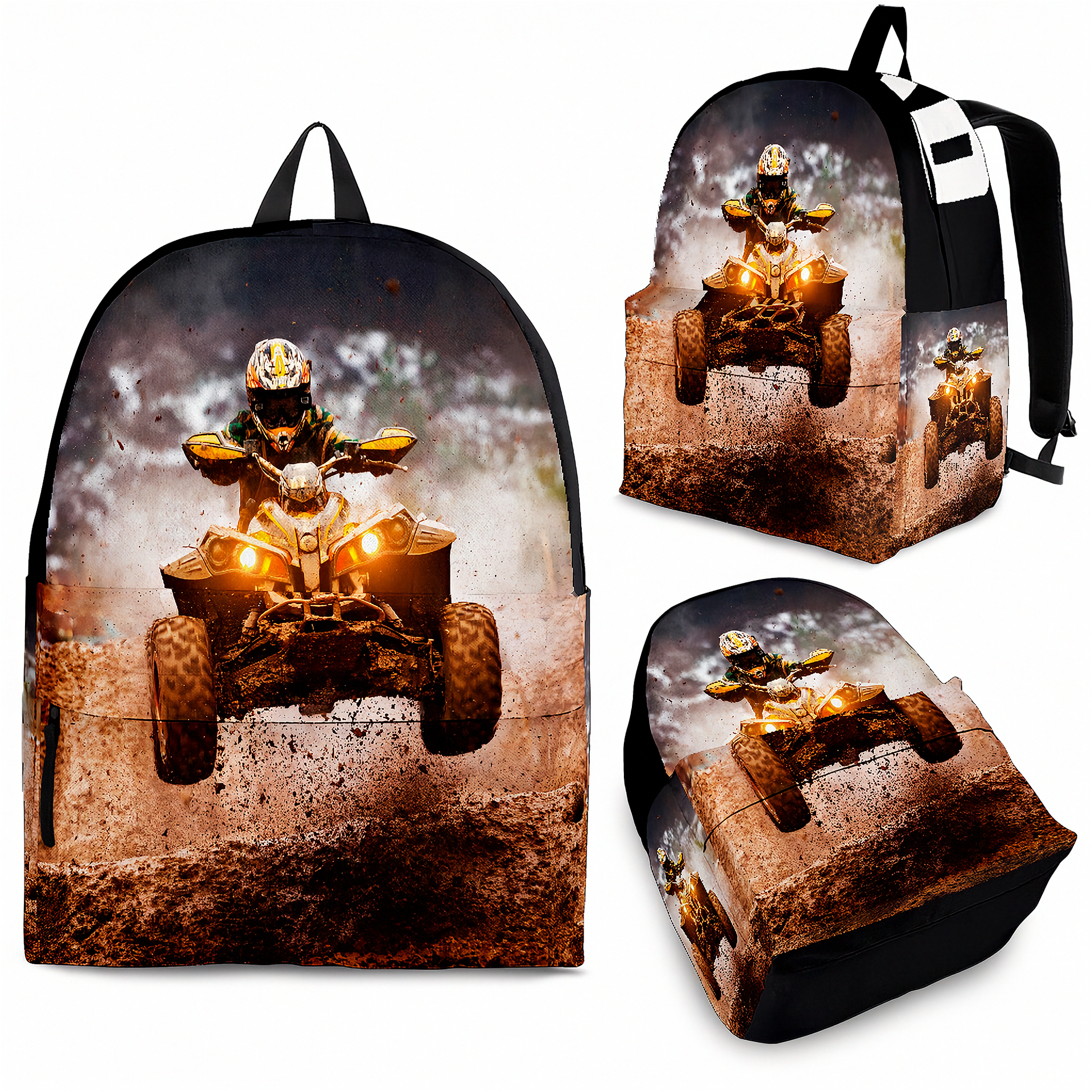 A backpack shown from multiple angles on a plain white background, featuring a printed all-terrain vehicle scene with a rider jumping over a muddy obstacle. The backpack itself is black with a large rectangular front print and black straps.