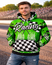 Custom Racing All Over Print Hoodie featuring a vibrant motorsports graphic, made with a comfortable, fade-resistant premium polyester blend.