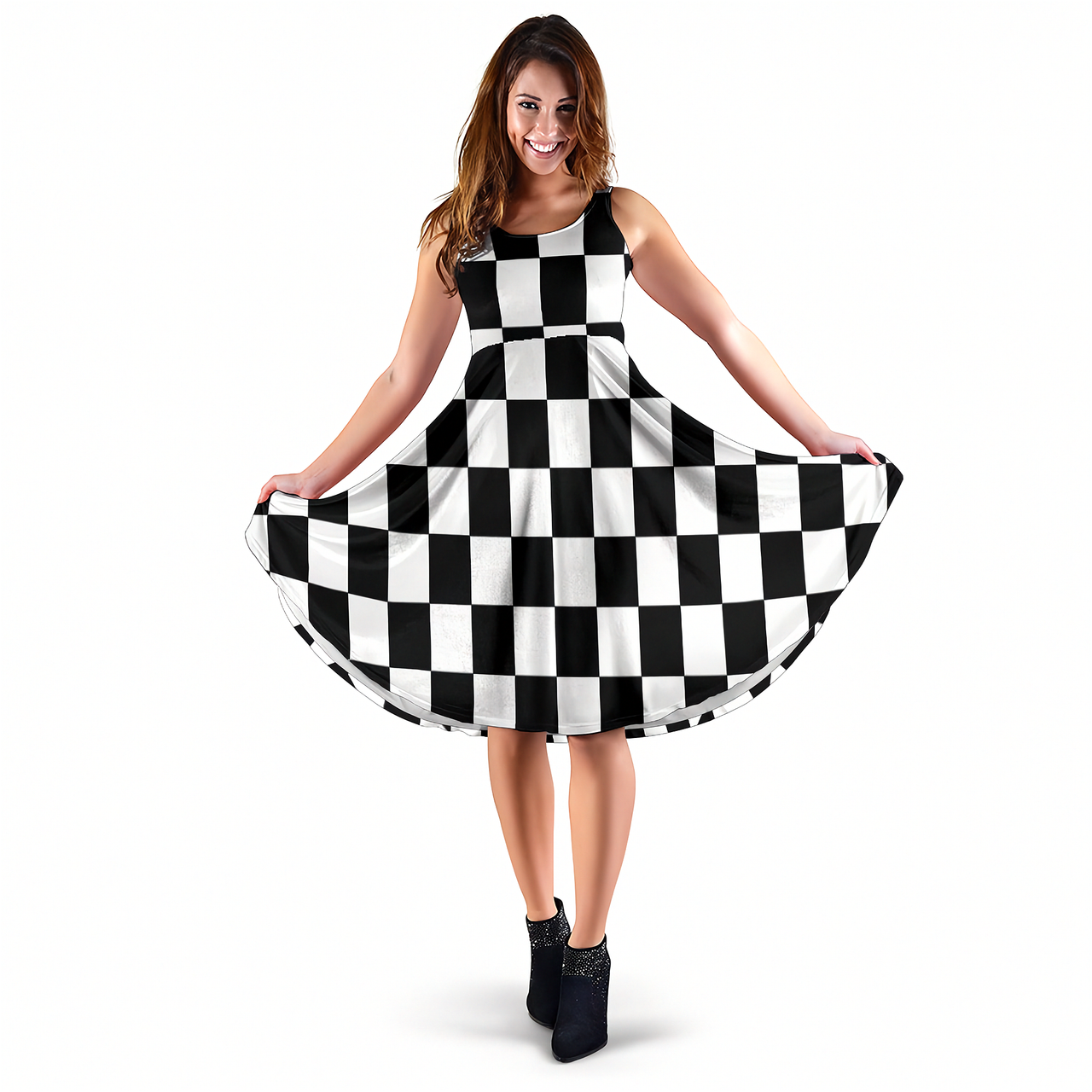 Custom Racing Checkered Flag Midi Dress featuring an elegant high-cut neckline, soft velvet-like fabric, and convenient pockets for trackside style.