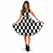 Custom Racing Checkered Flag Midi Dress featuring an elegant high-cut neckline, soft velvet-like fabric, and convenient pockets for trackside style.
