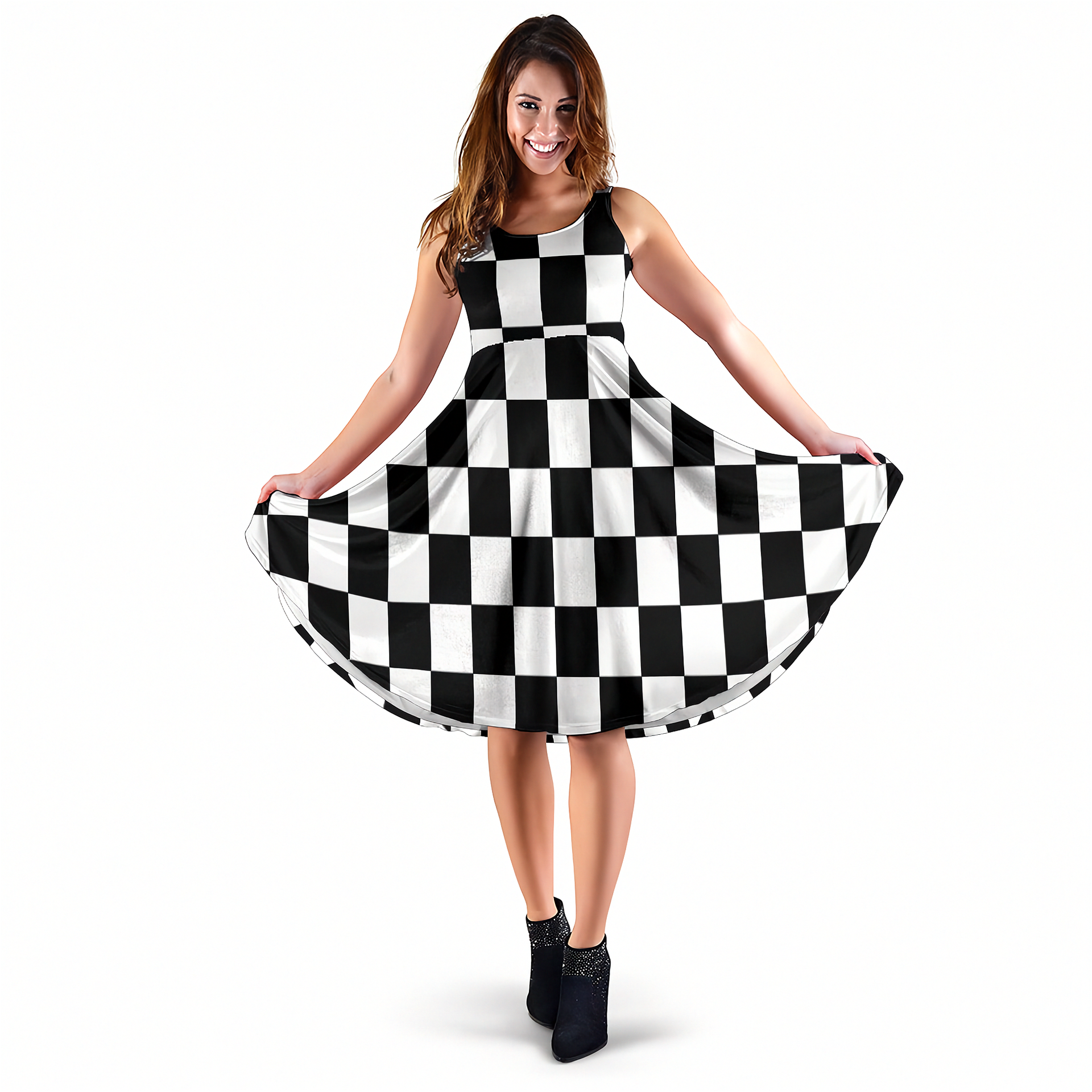 Custom Racing Checkered Flag Midi Dress featuring an elegant high-cut neckline, soft velvet-like fabric, and convenient pockets for trackside style.