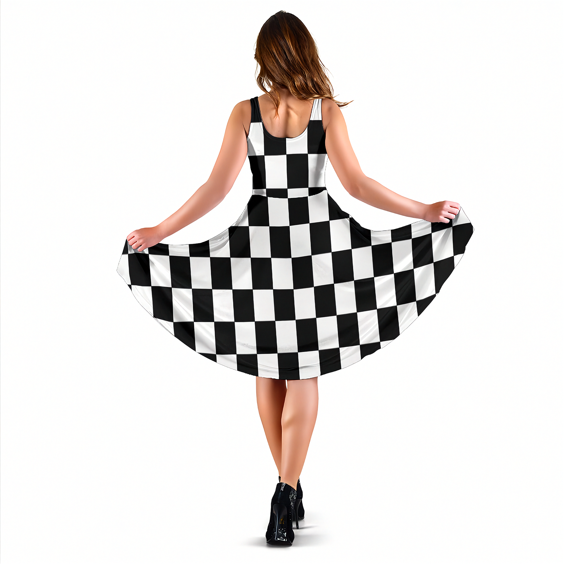 Custom Racing Checkered Flag Midi Dress featuring an elegant high-cut neckline, soft velvet-like fabric, and convenient pockets for trackside style.