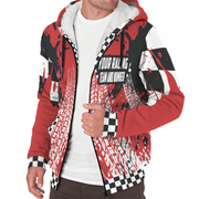 man wearing a custom racing sherpa jacket with a white background