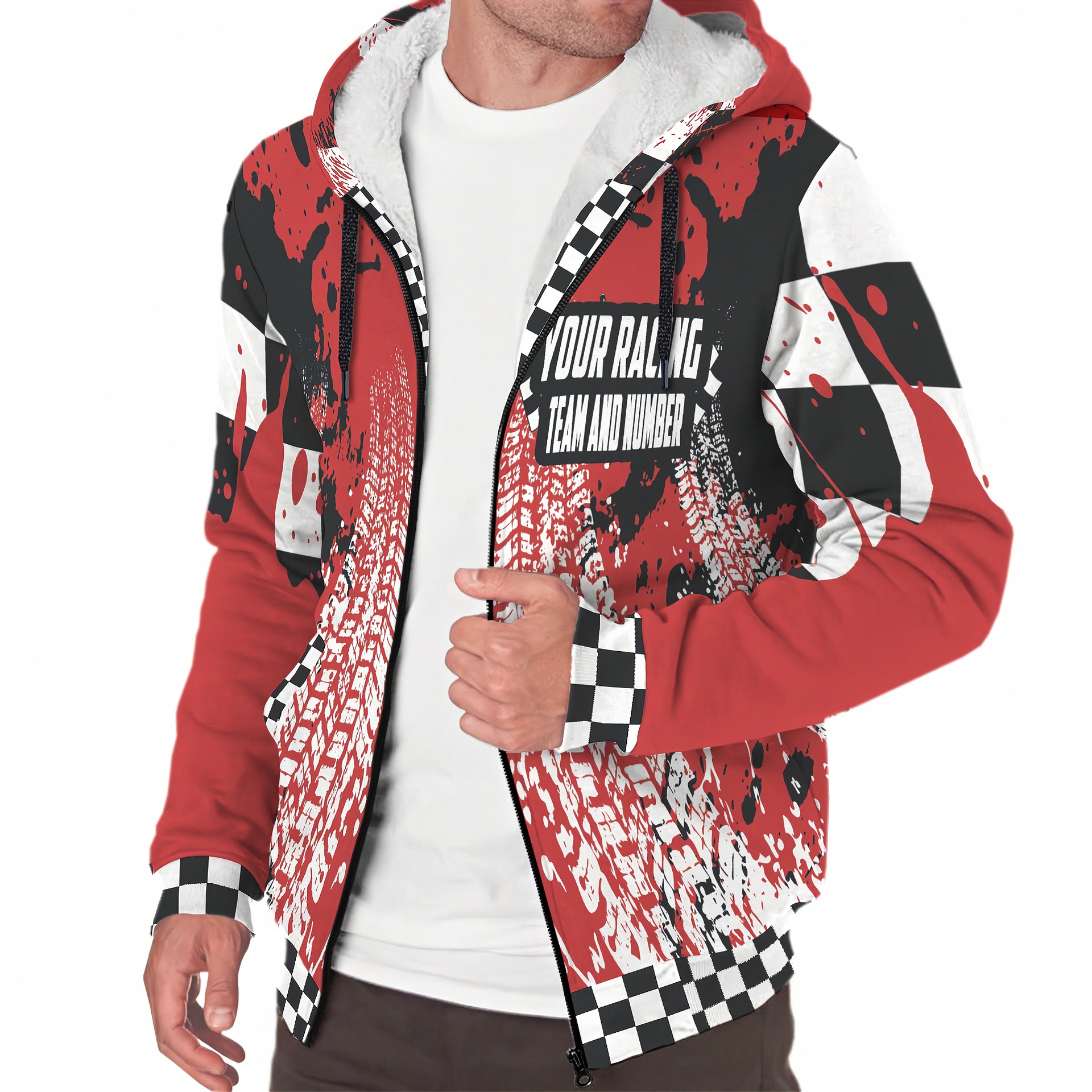 man wearing a custom racing sherpa jacket with a white background