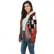woman wearing a custom racing sherpa jacket with a white background