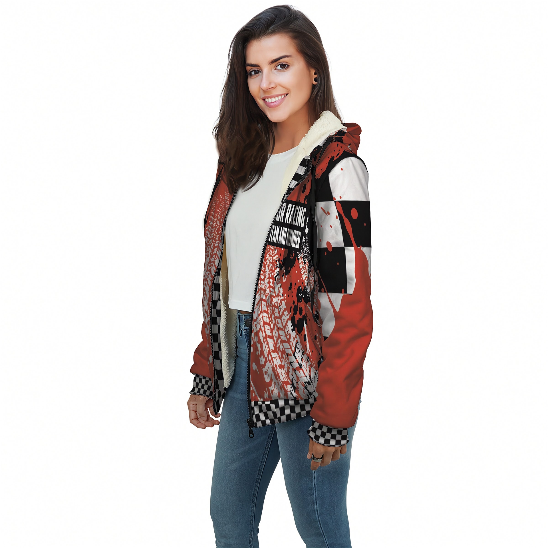 woman wearing a custom racing sherpa jacket with a white background