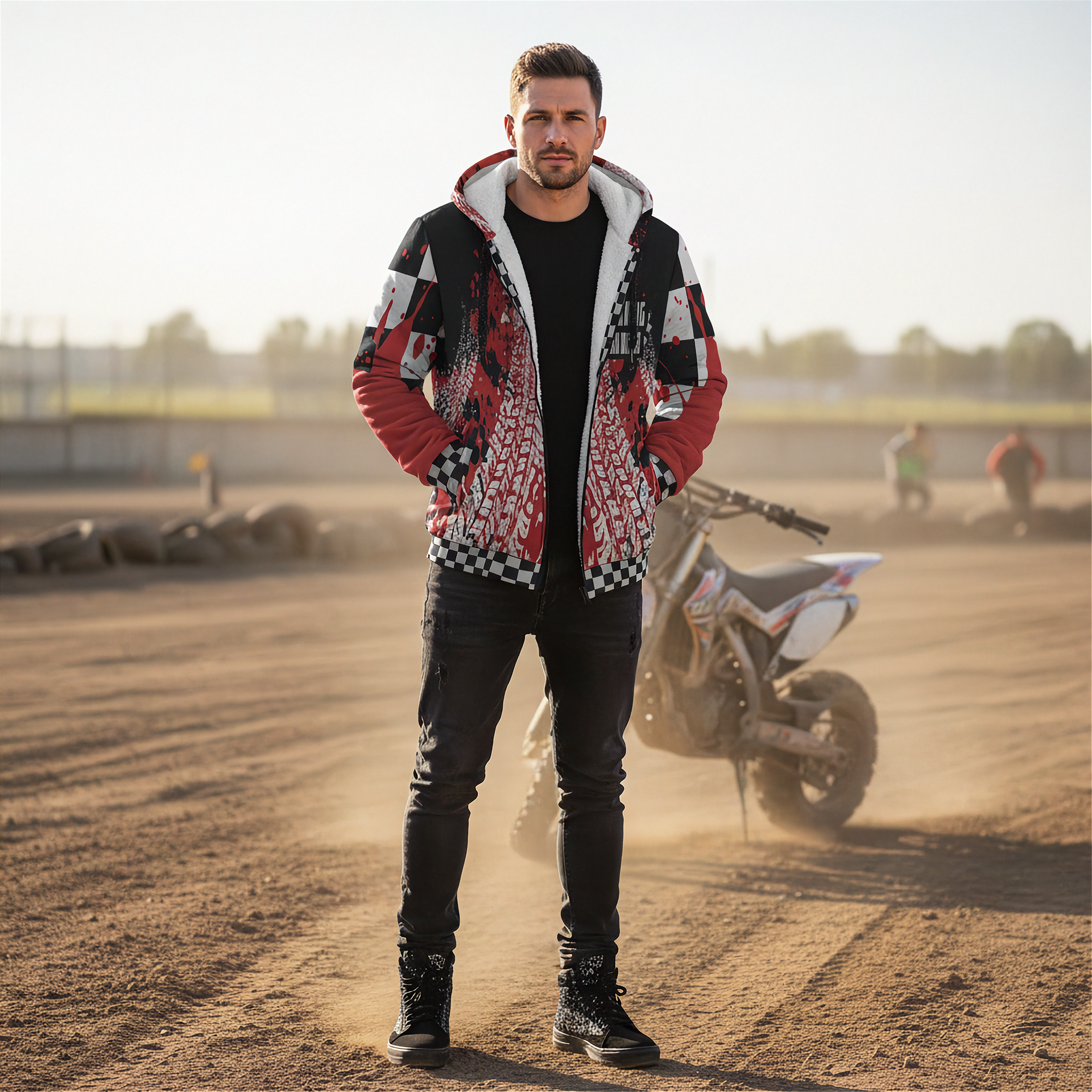 man wearing a custom racing sherpa jacket in a dirt race track