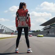 woman at a race track arena wearing a custom racing sherpa jacket