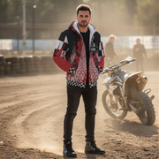 woman at a dirt race track arena wearing a custom racing sherpa jacket