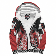 custom front racing sherpa jacket on a white background