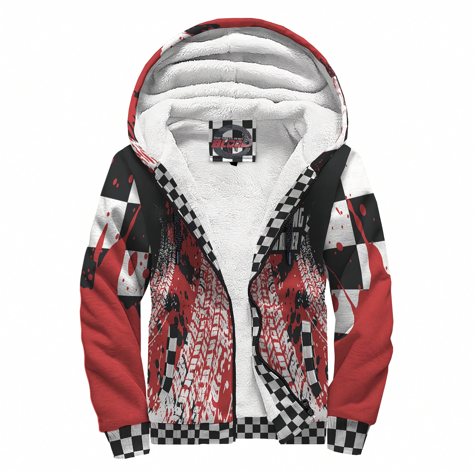 custom front racing sherpa jacket on a white background
