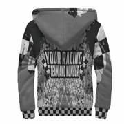 Hoodie with racing-themed design and customizable text on a white background