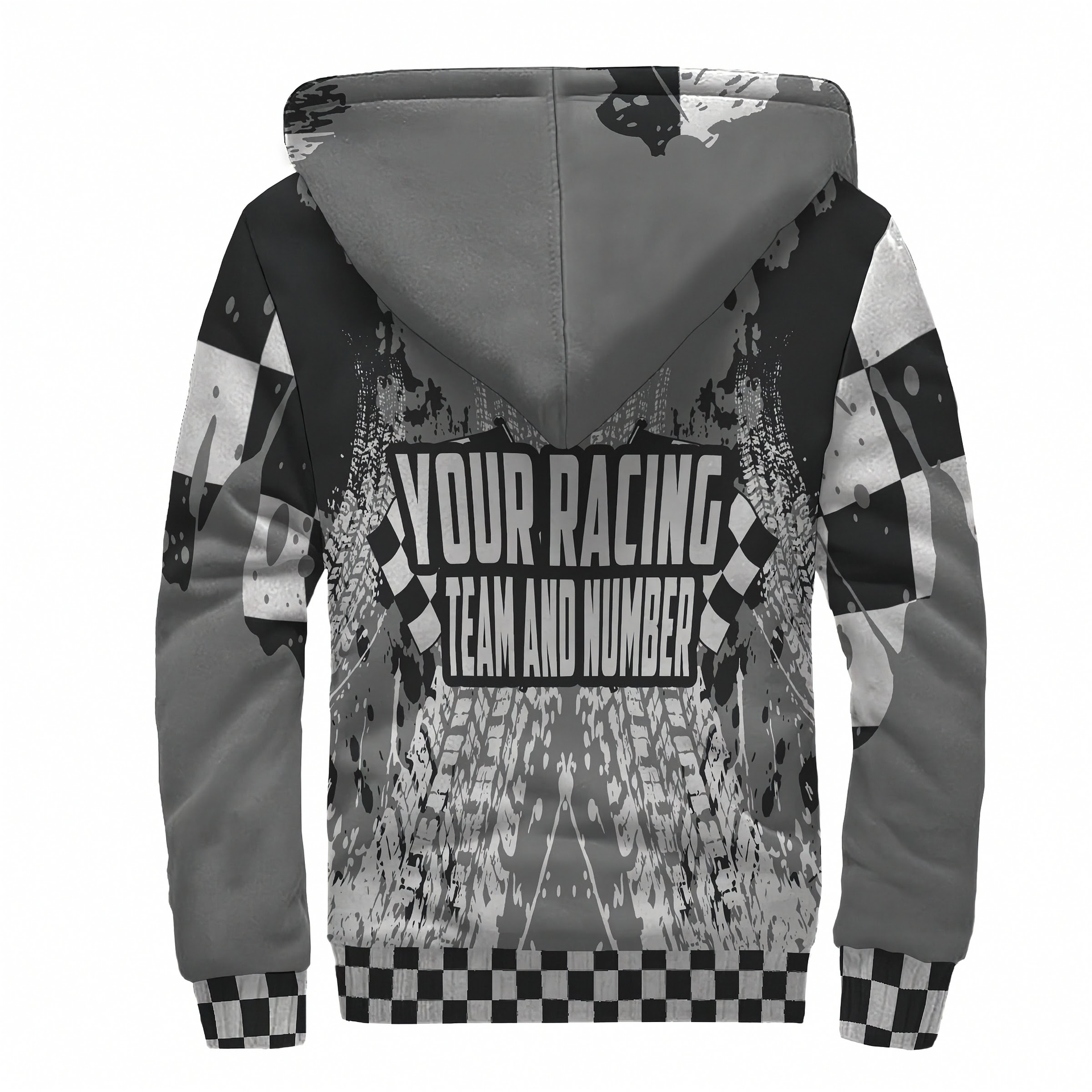 Hoodie with racing-themed design and customizable text on a white background