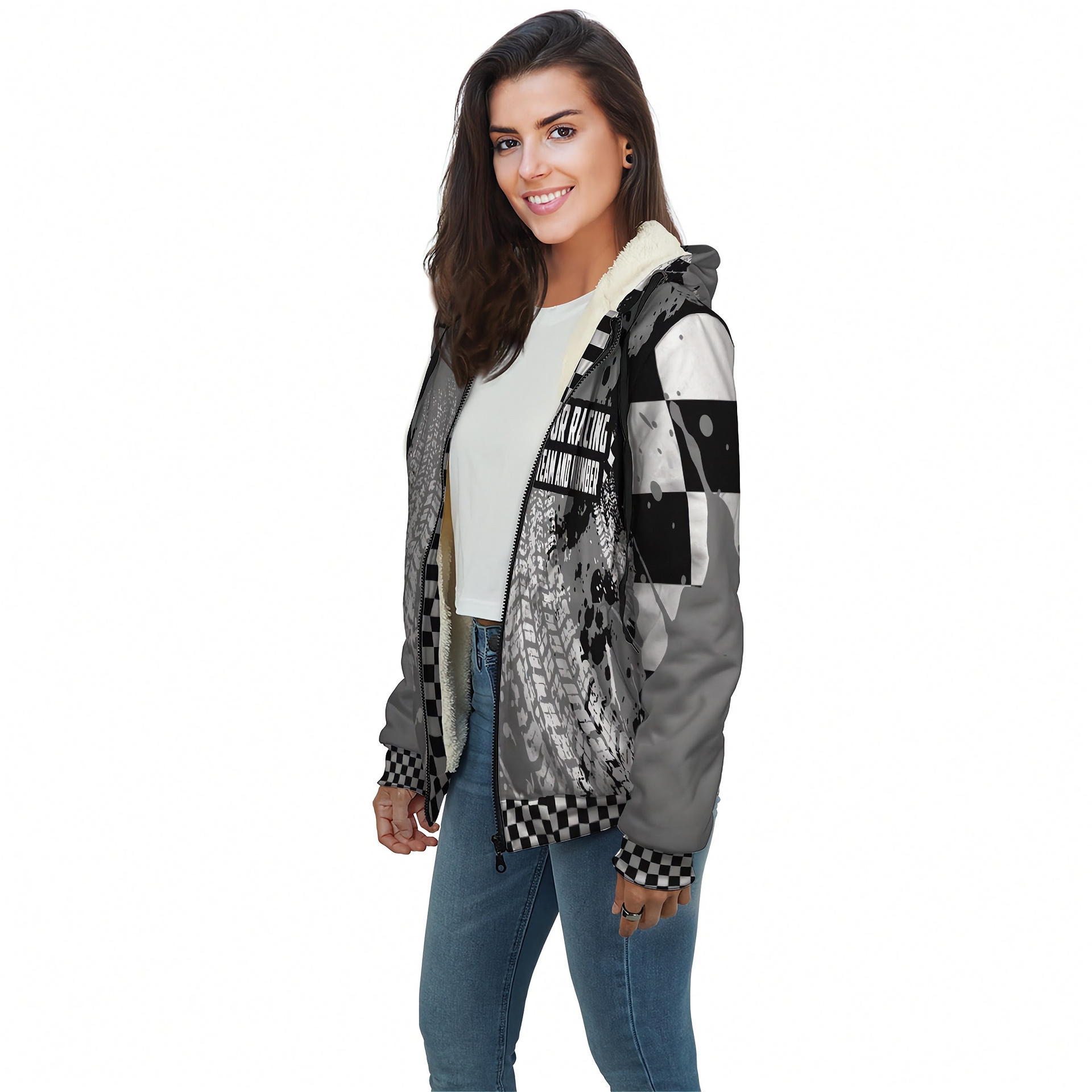 Woman wearing a patterned jacket on a white background
