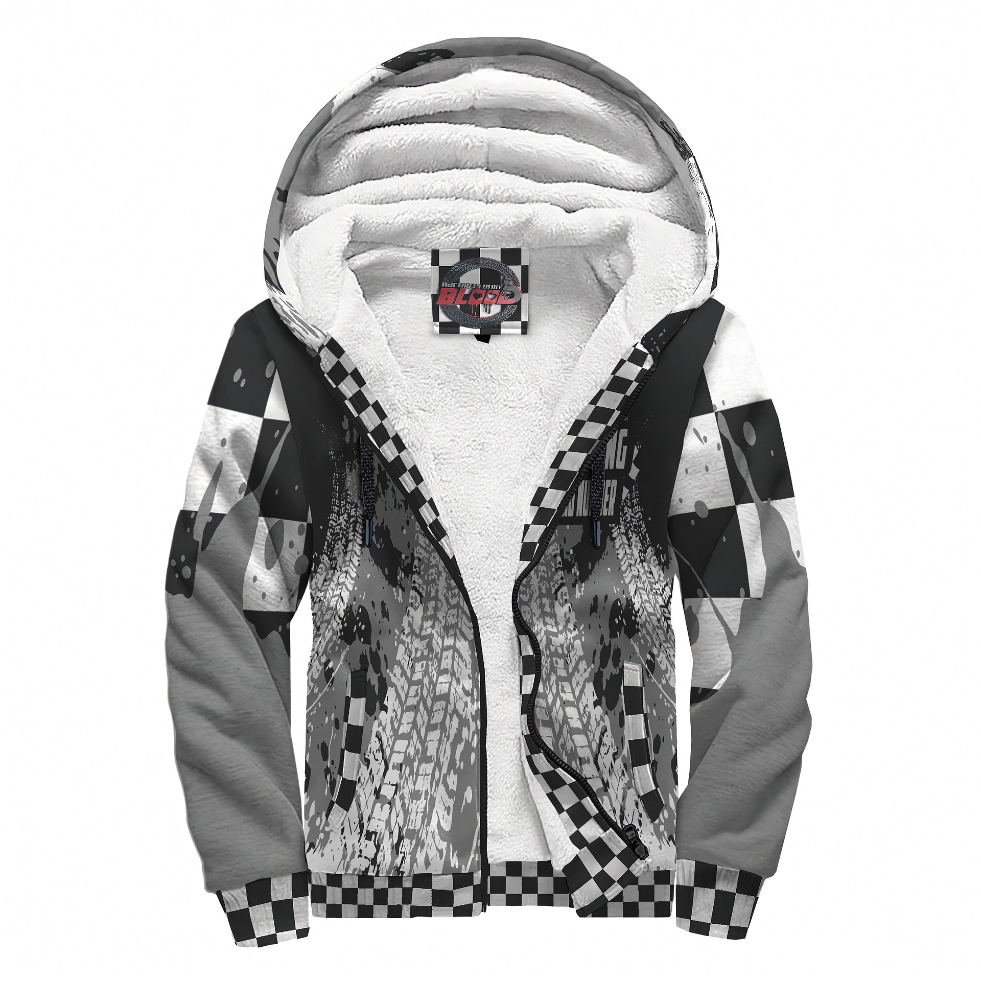 custom sherpa hoodie with on a dirt track
